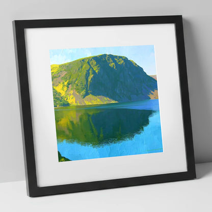 Vibrant Crag Fell Lake Reflection lake district fell art print in black frame