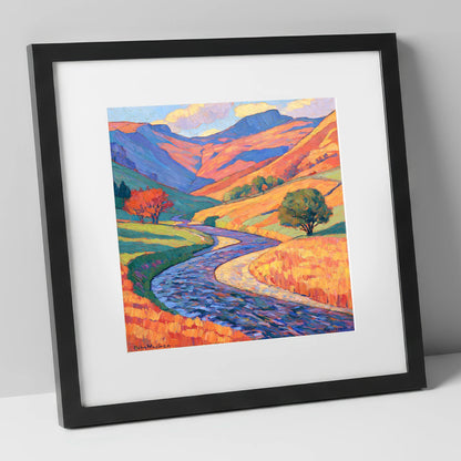 Winding River in Vibrant Valley lake district waterfall art print in black frame