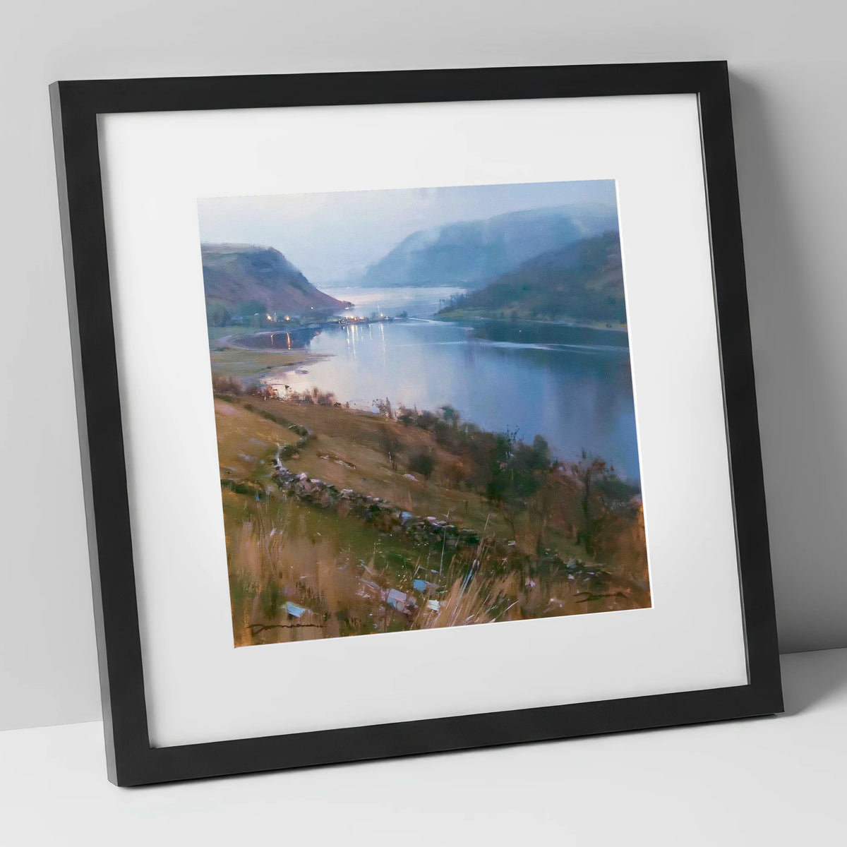 Pooley Bridge Twilight Over Ullswater lake district village art print in black frame
