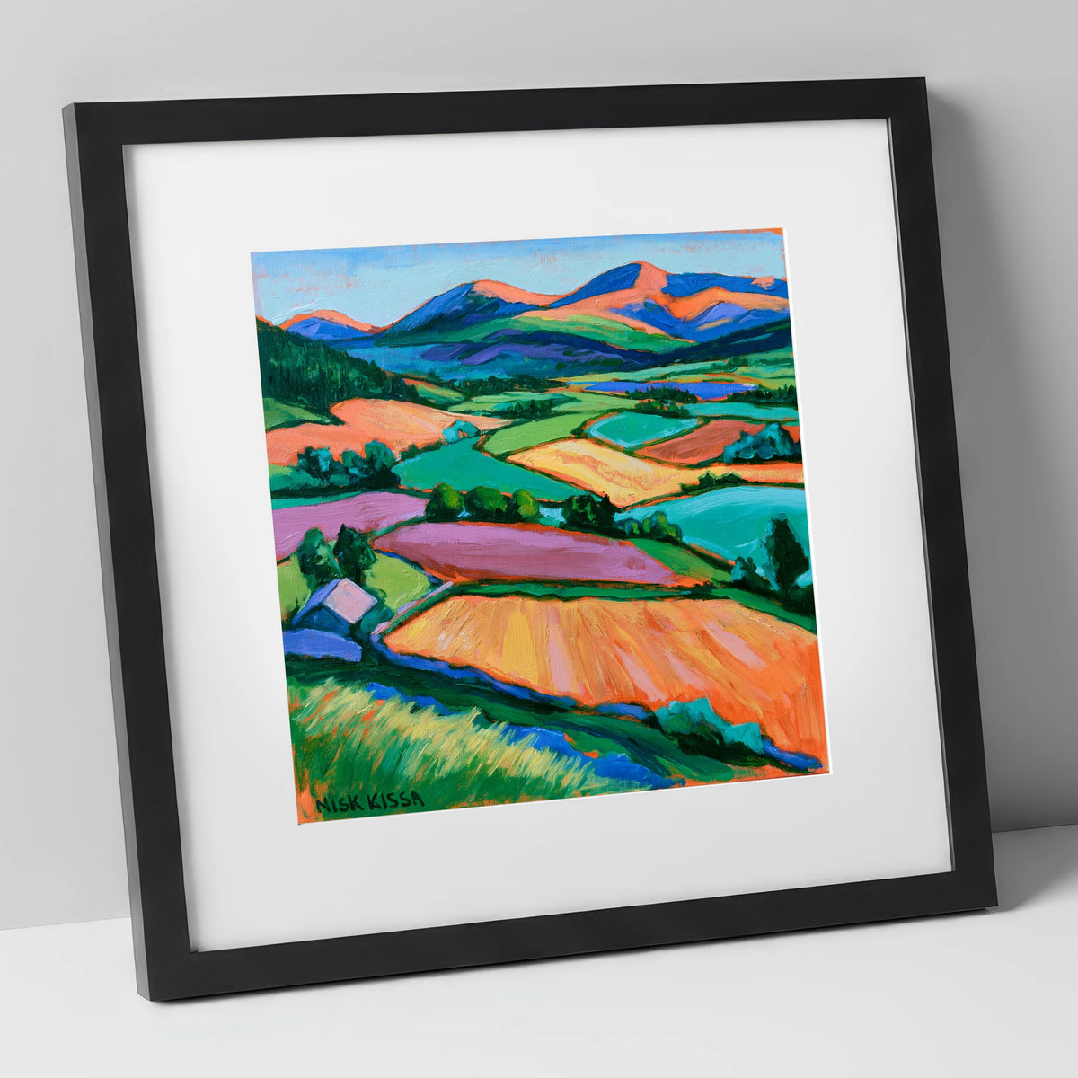 Vibrant Patchwork Fields in a Dale lake district valley art print in black frame