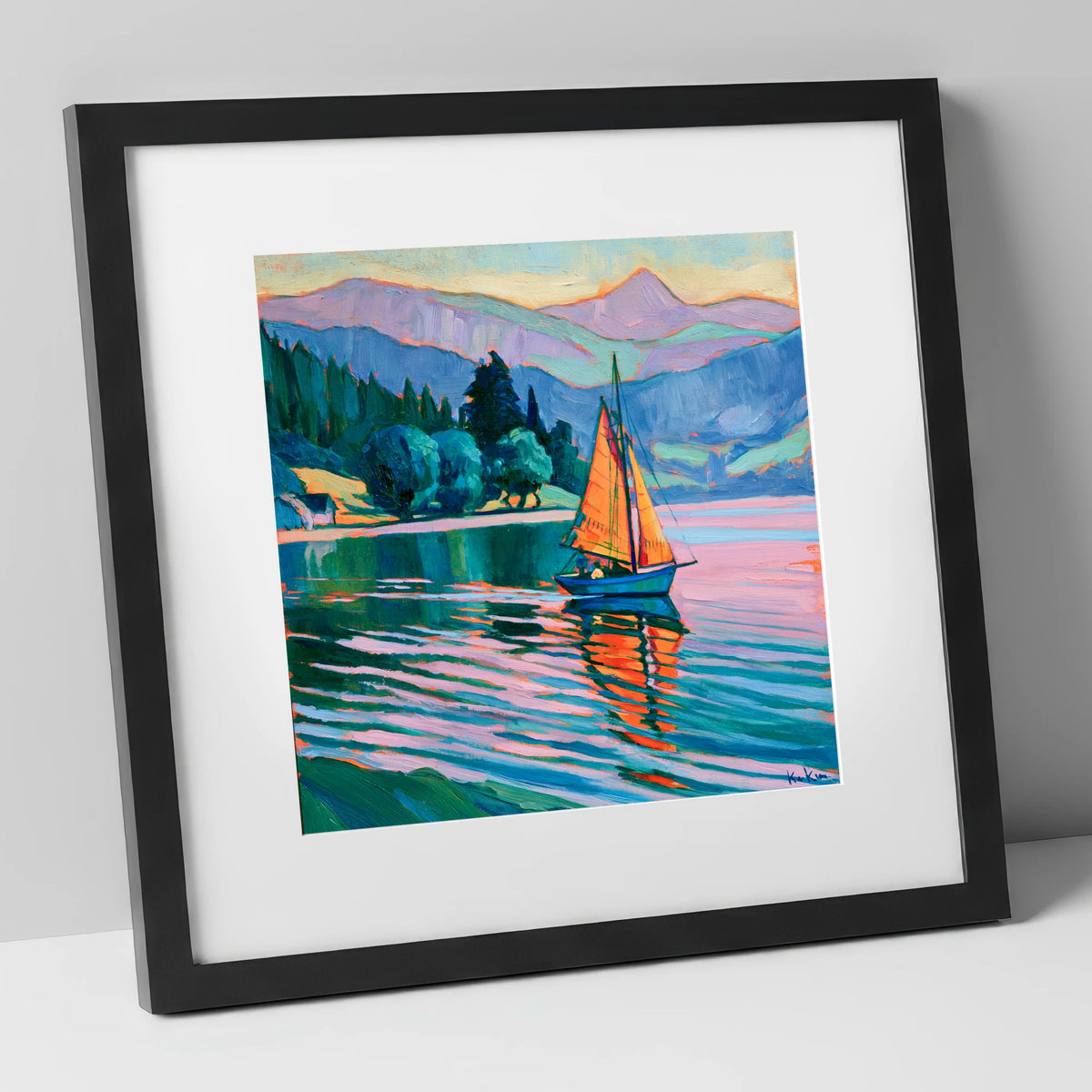 Orange Sails Below the Fells lake district walking art print in black frame