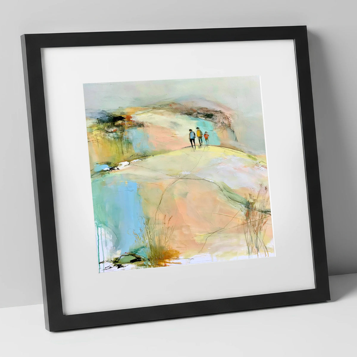 Hikers on the Pastel Fell lake district fell art print in black frame