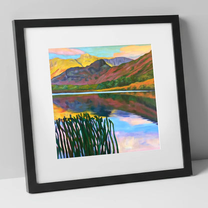Vibrant Sunset Over Elterwater lake district lake art print in black frame