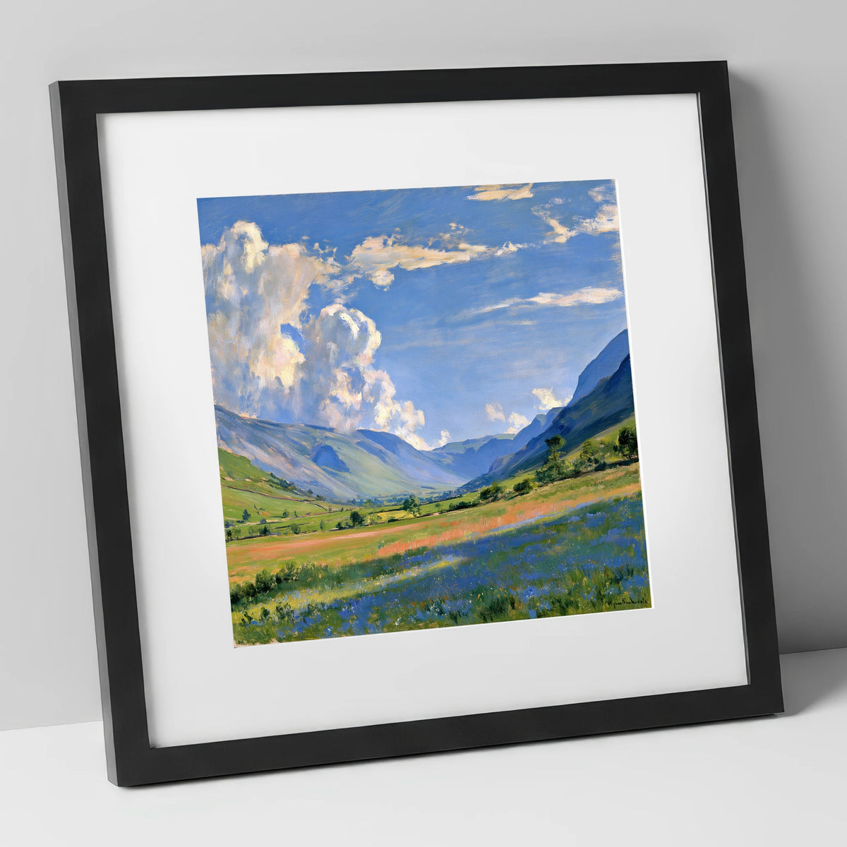 Sunlit Valley Under Billowing Clouds lake district valley art print in black frame