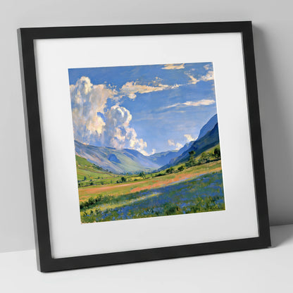Sunlit Valley Under Billowing Clouds lake district valley art print in black frame