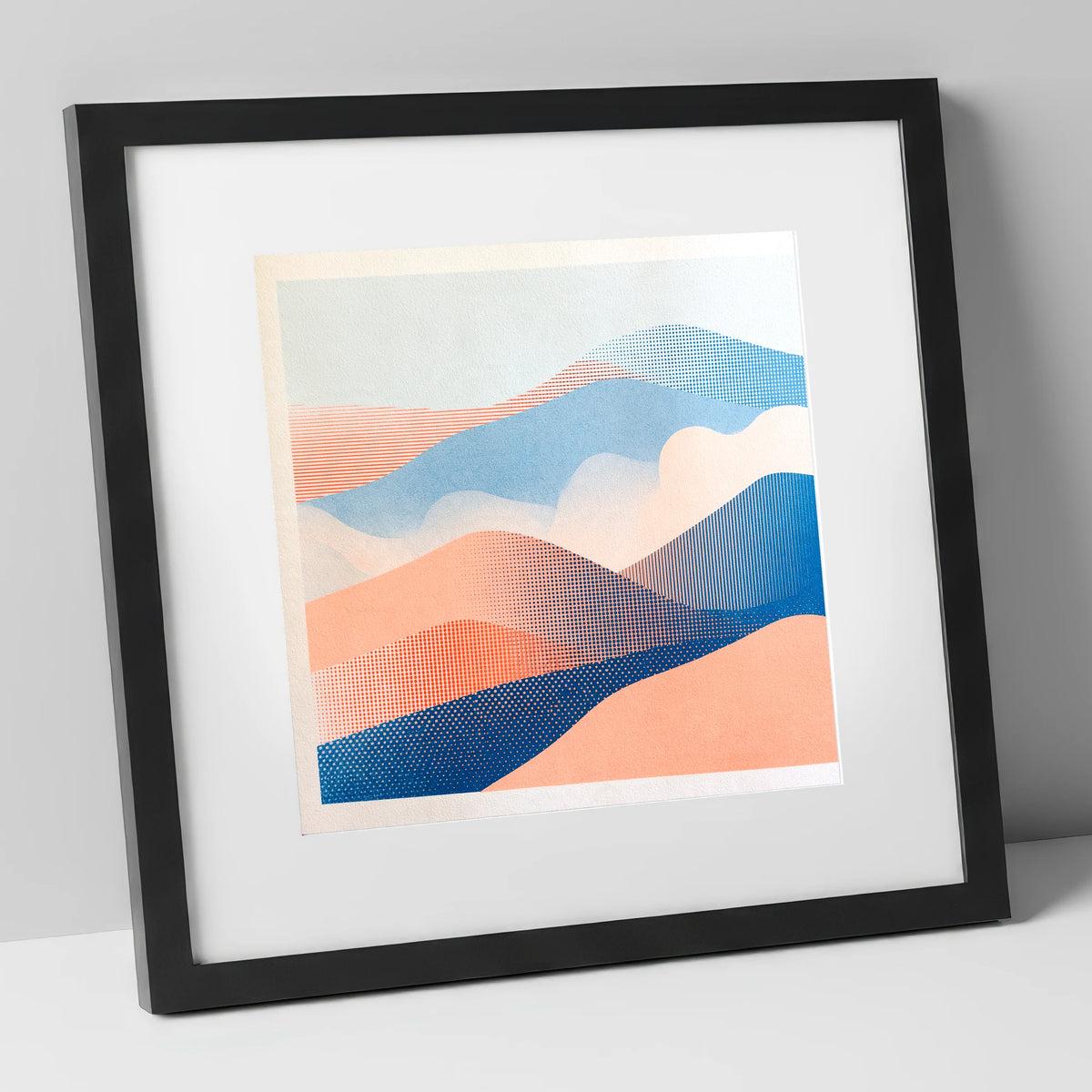 Coral and Blue Rolling Fells lake district fell art print in black frame