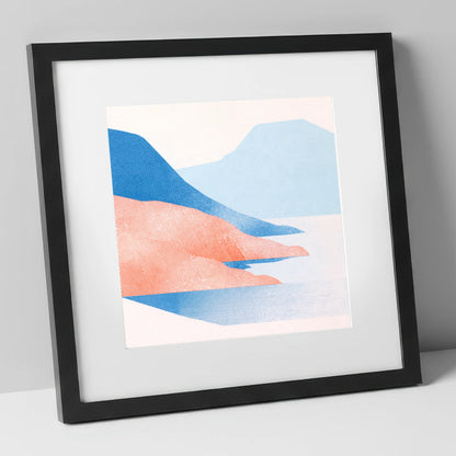 Coniston Water in Coral and Blue lake district lake art print in black frame