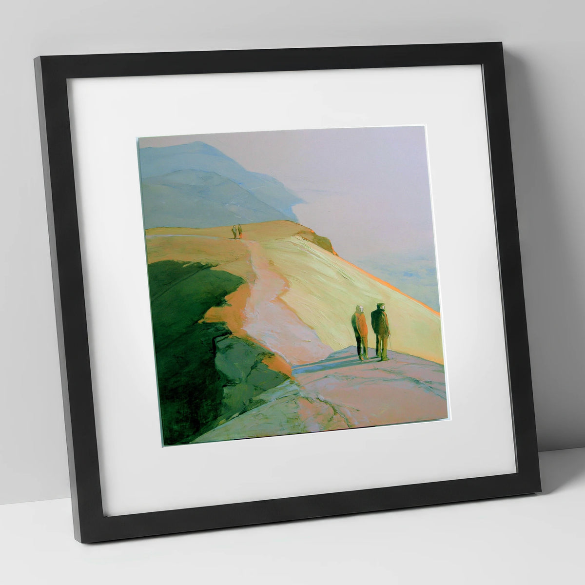 Hikers on a Golden Fell lake district fell art print in black frame
