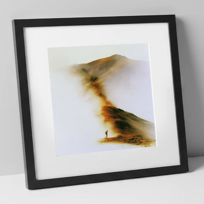 Lone Hiker in Copper Mist lake district walking art print in black frame