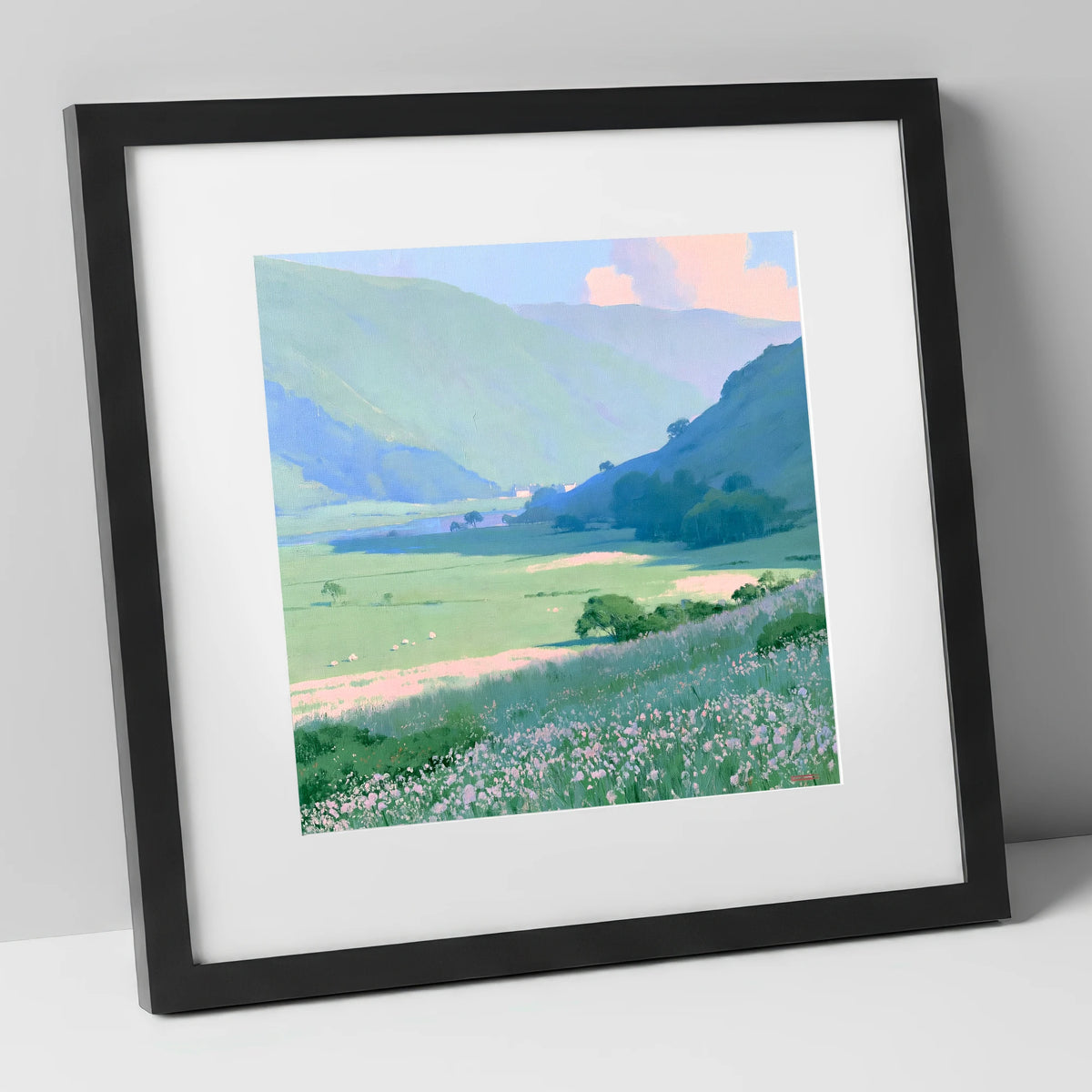 Blue Fells and Wildflower Meadow lake district valley art print in black frame