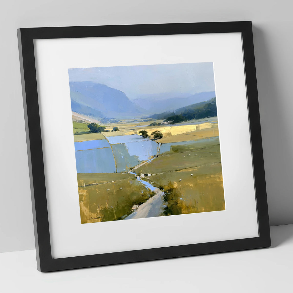 Luminous Patchwork Fields in a Dale lake district valley art print in black frame