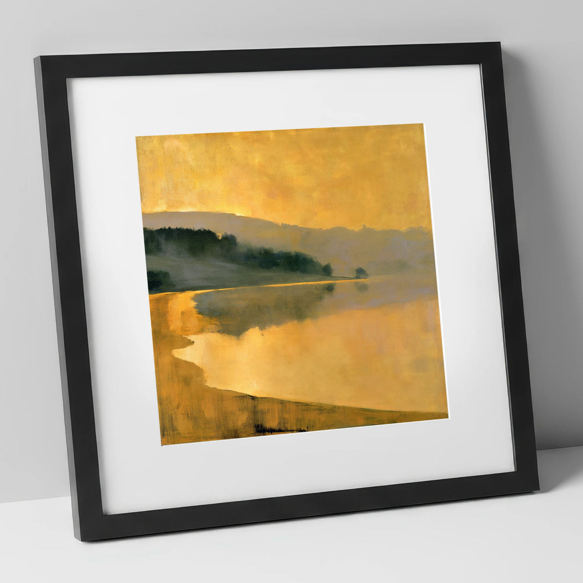 Ochre Dawn Over the Lake lake district lake art print in black frame