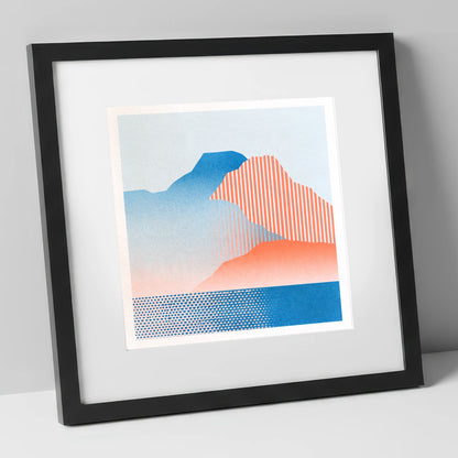 Geometric Great Gable In Coral lake district fell art print in black frame