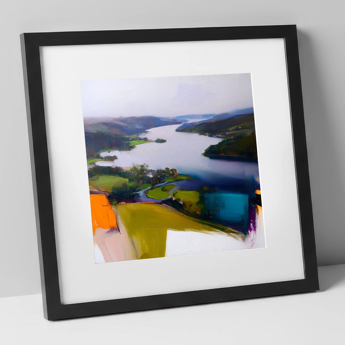 Contemporary Aerial View of Ambleside lake district village art print in black frame