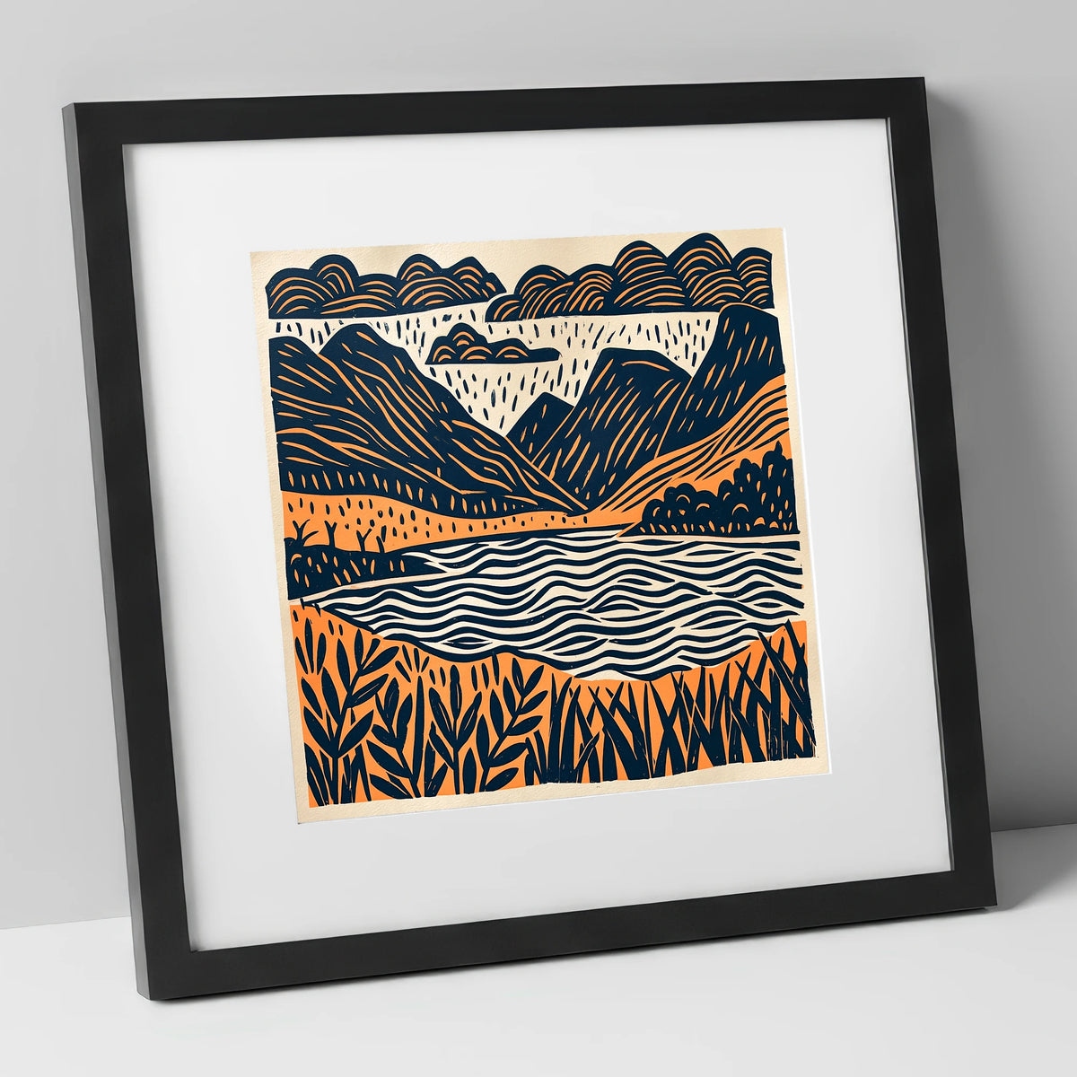Dawn Lake In Navy And Terracotta lake district lake art print in black frame