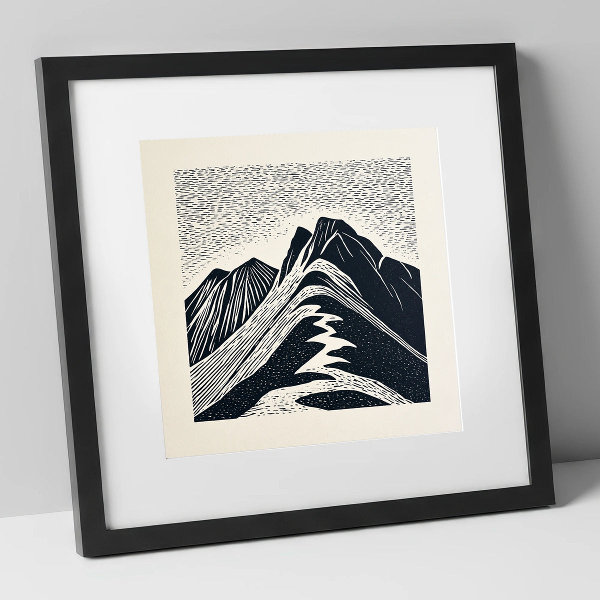 Bowfell Summit in Monochrome lake district fell art print in black frame