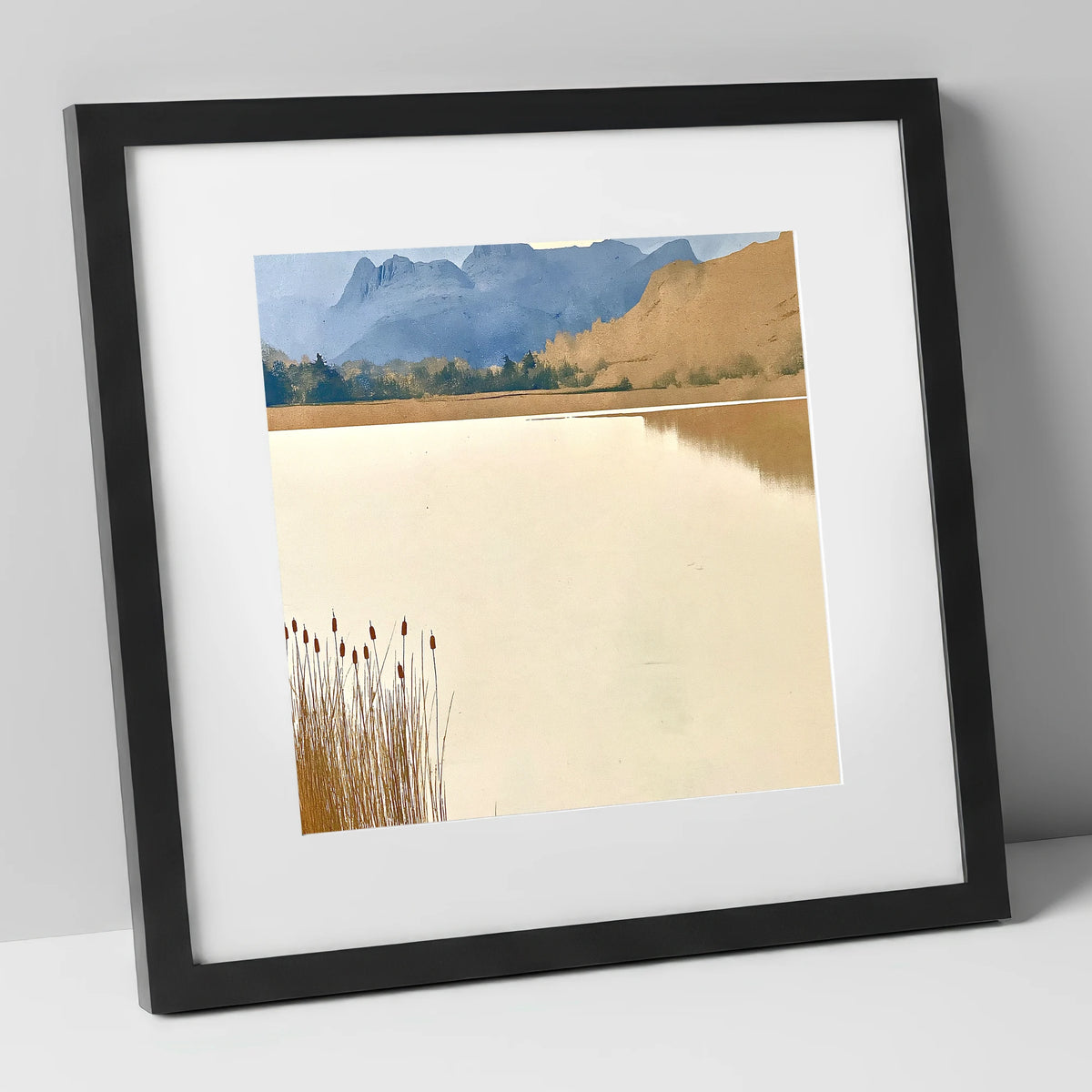 Elterwater Reeds and Slate Fells lake district lake art print in black frame