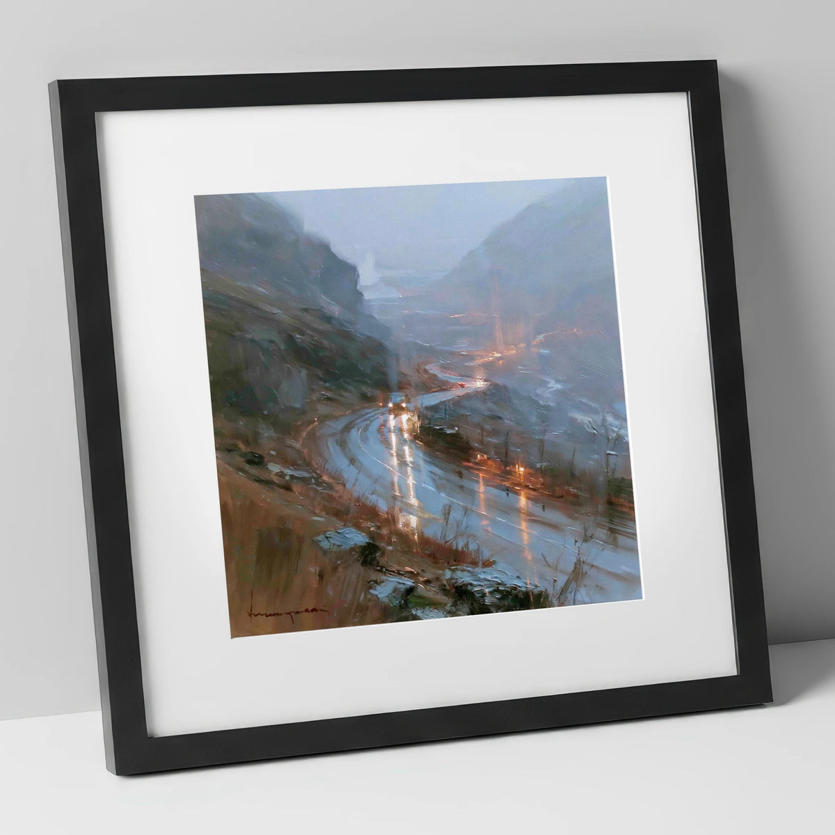 Rainy Mountain Pass at Dusk lake district valley art print in black frame