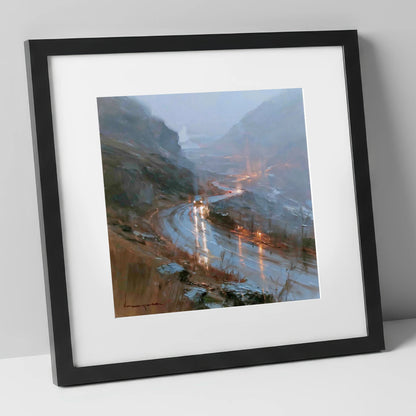 Rainy Mountain Pass at Dusk lake district valley art print in black frame