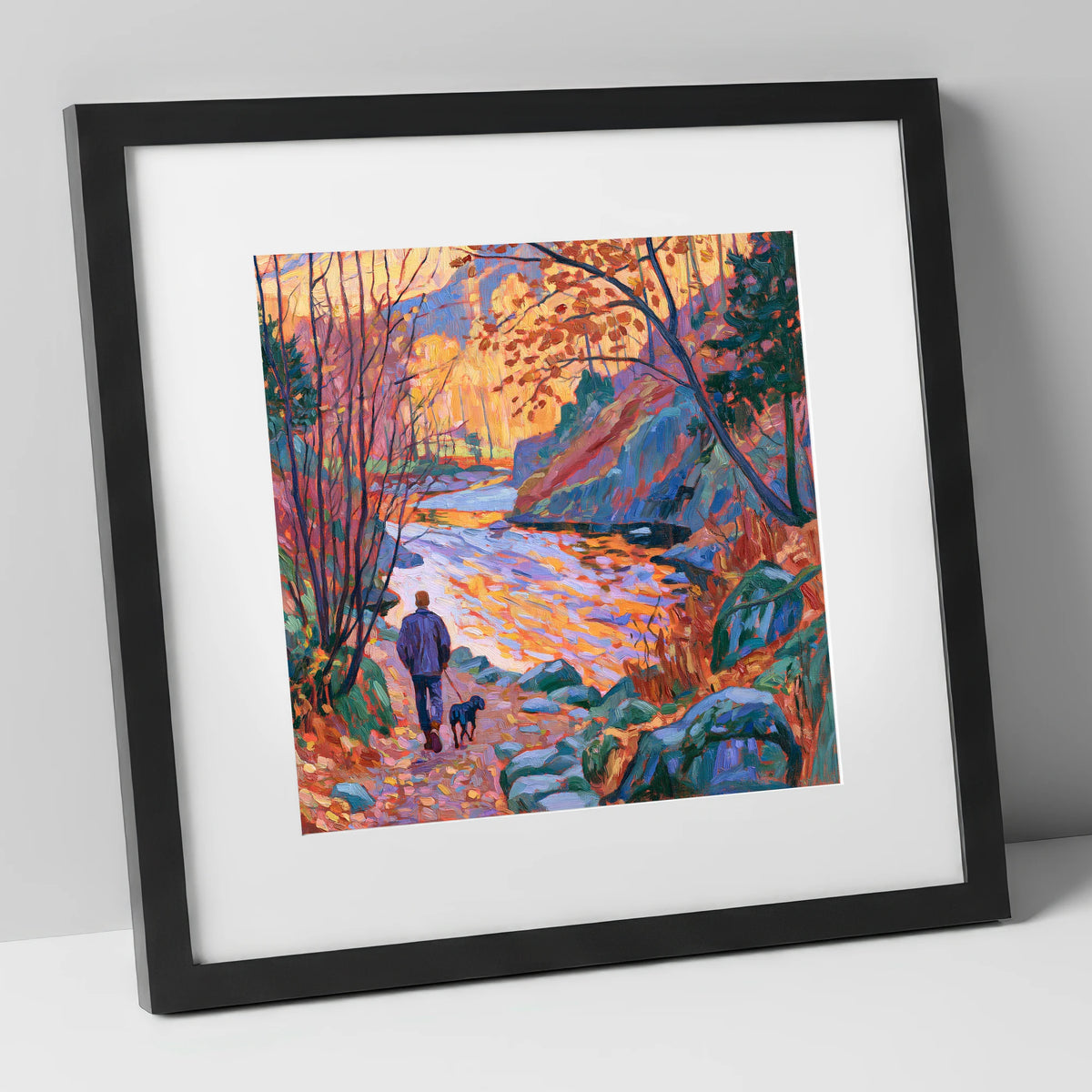 Autumn Dog Walk Aira Force gifts for dog walkers art print in black frame