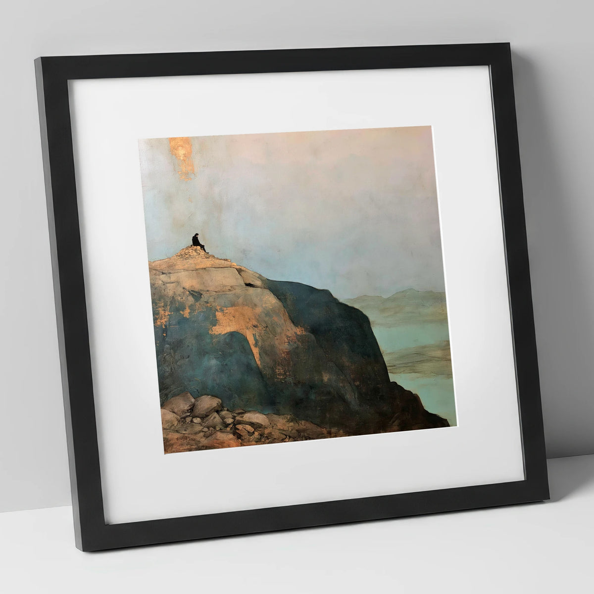 Silhouette on Scafell Pike Summit lake district fell art print in black frame