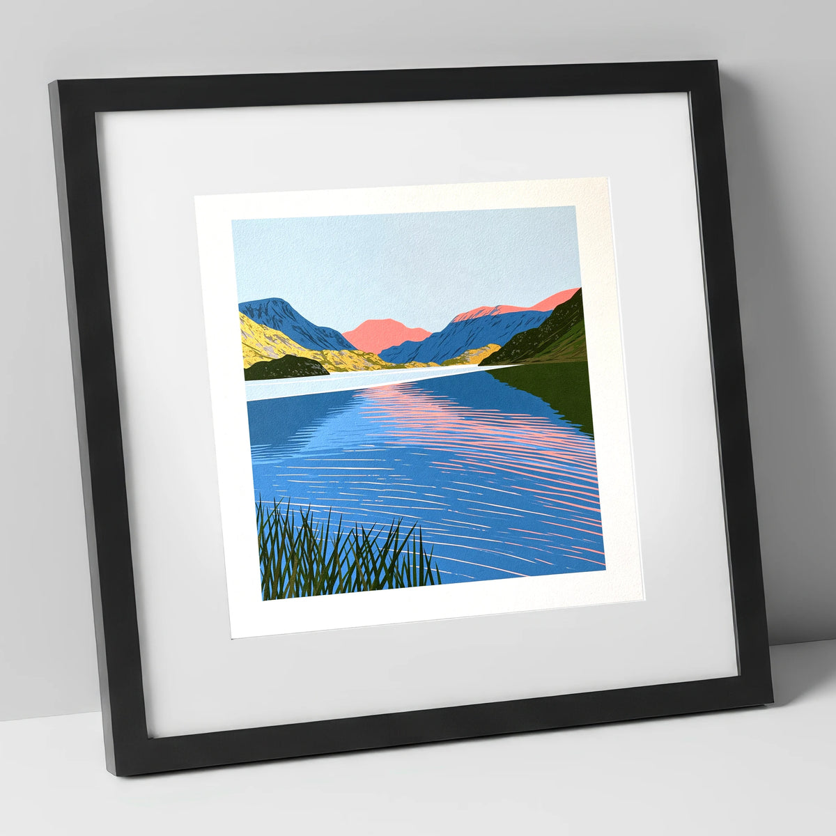 Coral Dawn over Still Lake lake district lake art print in black frame
