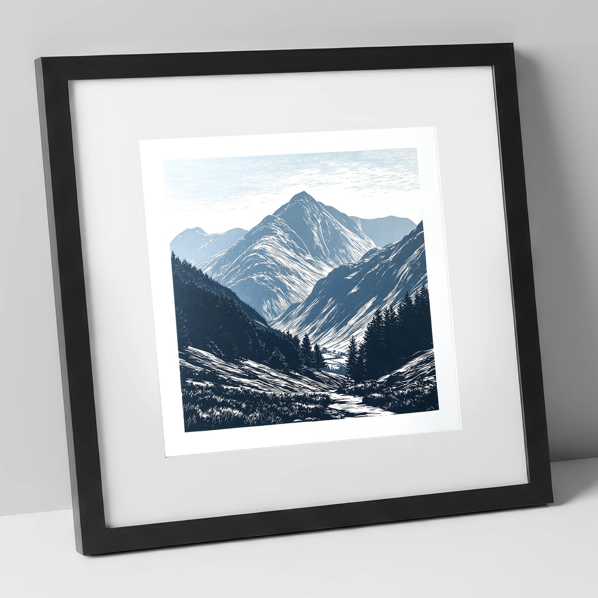 Bowfell Peak in Slate Blue lake district fell art print in black frame