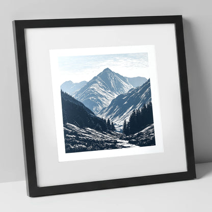 Bowfell Peak in Slate Blue lake district fell art print in black frame