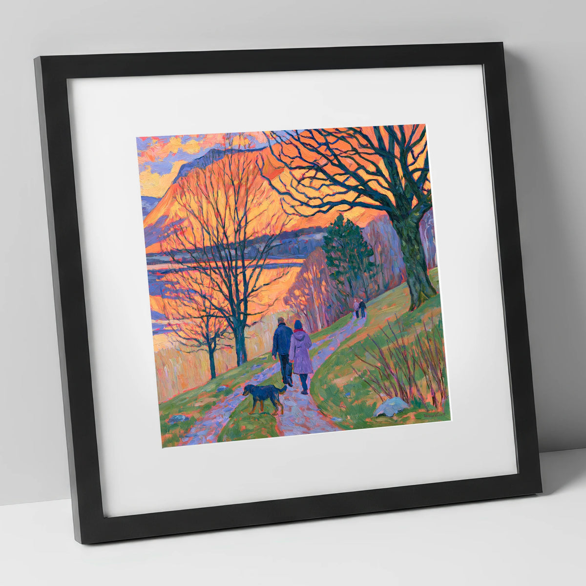 Vibrant Sunset Dog Walk Keswick gifts for dog walkers art print in black frame