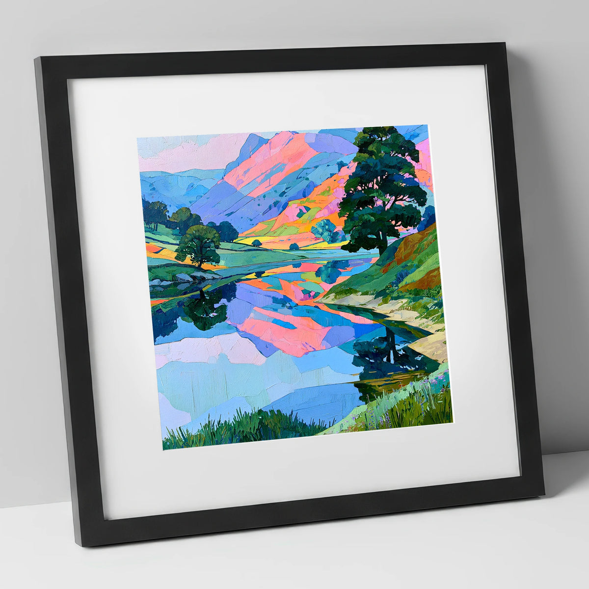 Pastel Fells and Calm Lake Reflections lake district lake art print in black frame