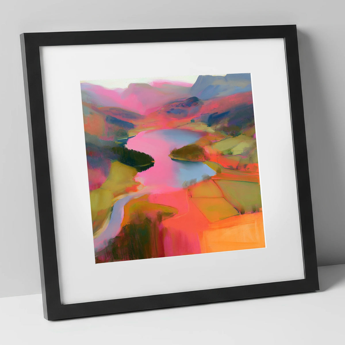 Vivid Elter Water from Above lake district lake art print in black frame