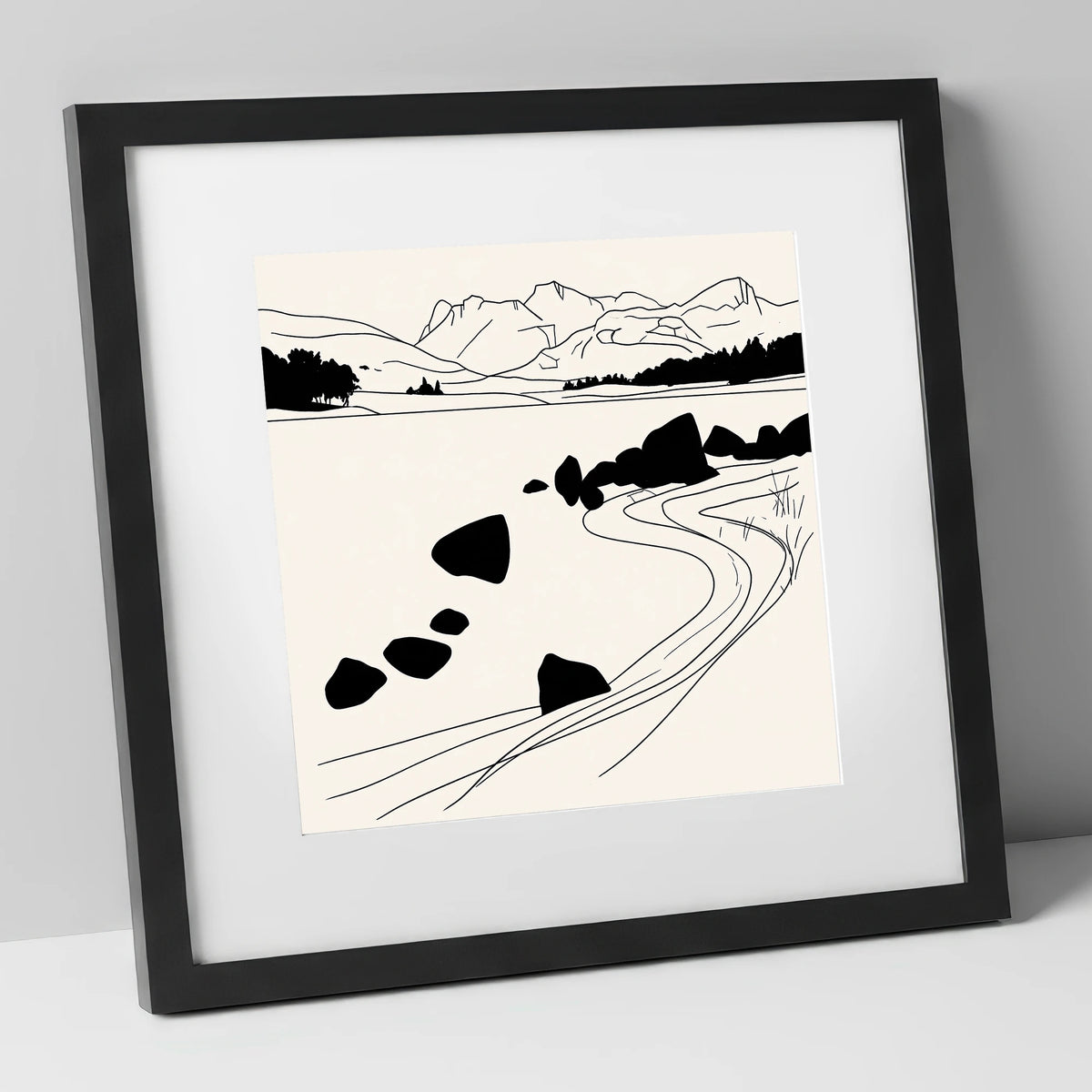 Minimalist Elterwater Scattered Rocks lake district lake art print in black frame