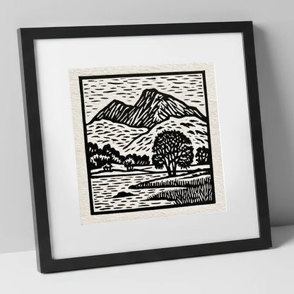 Monochrome Fells Over Grasmere lake district lake art print in black frame