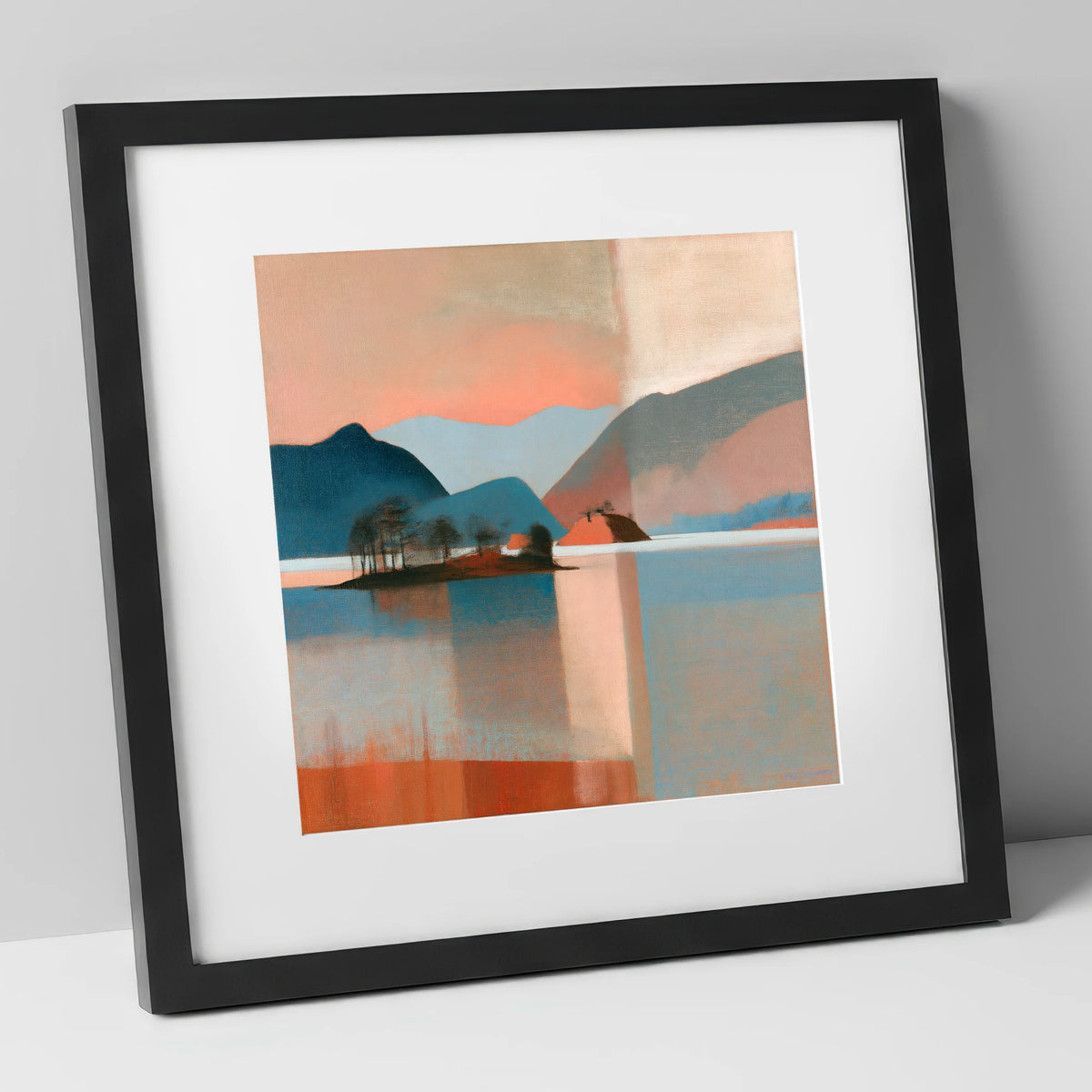 Terracotta Sunset Over Derwentwater lake district lake art print in black frame