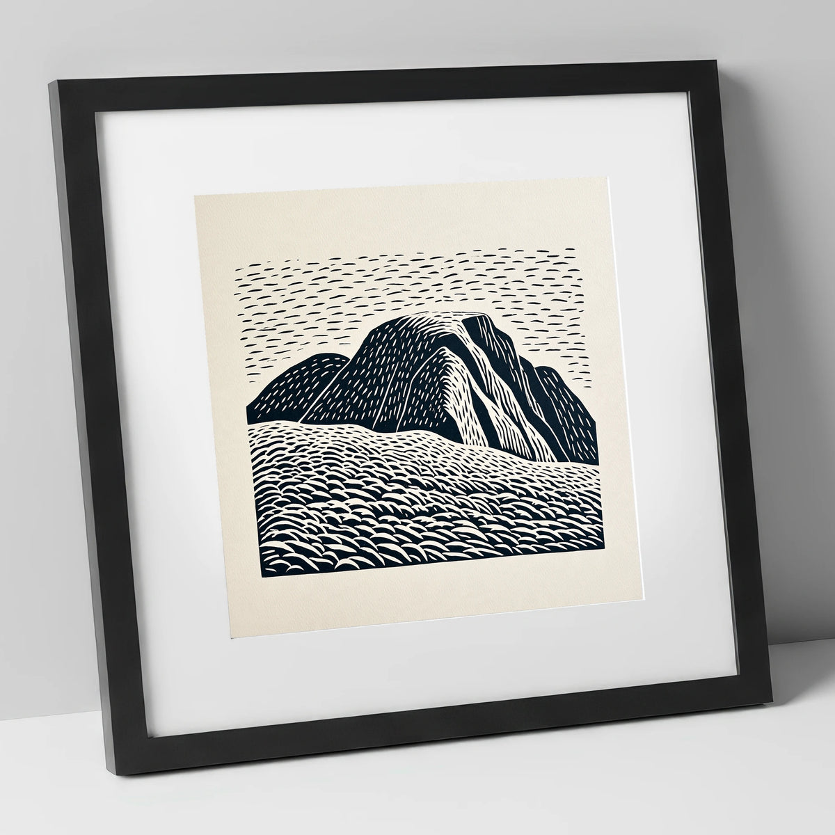 Graphic Monochrome Great Gable lake district fell art print in black frame