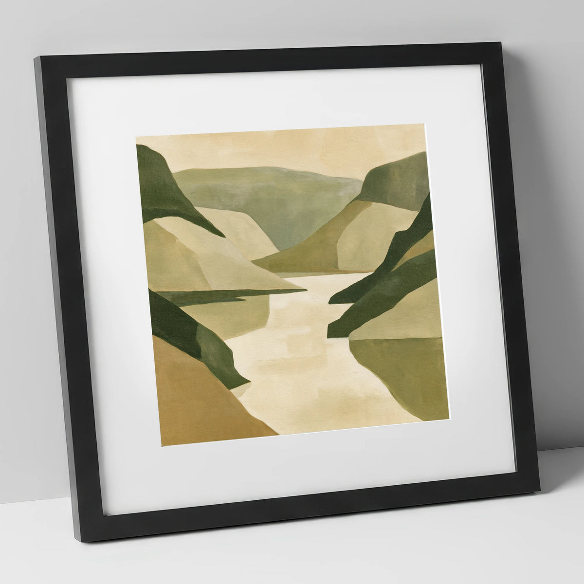 Geometric Fells and Pale Lake lake district lake art print in black frame