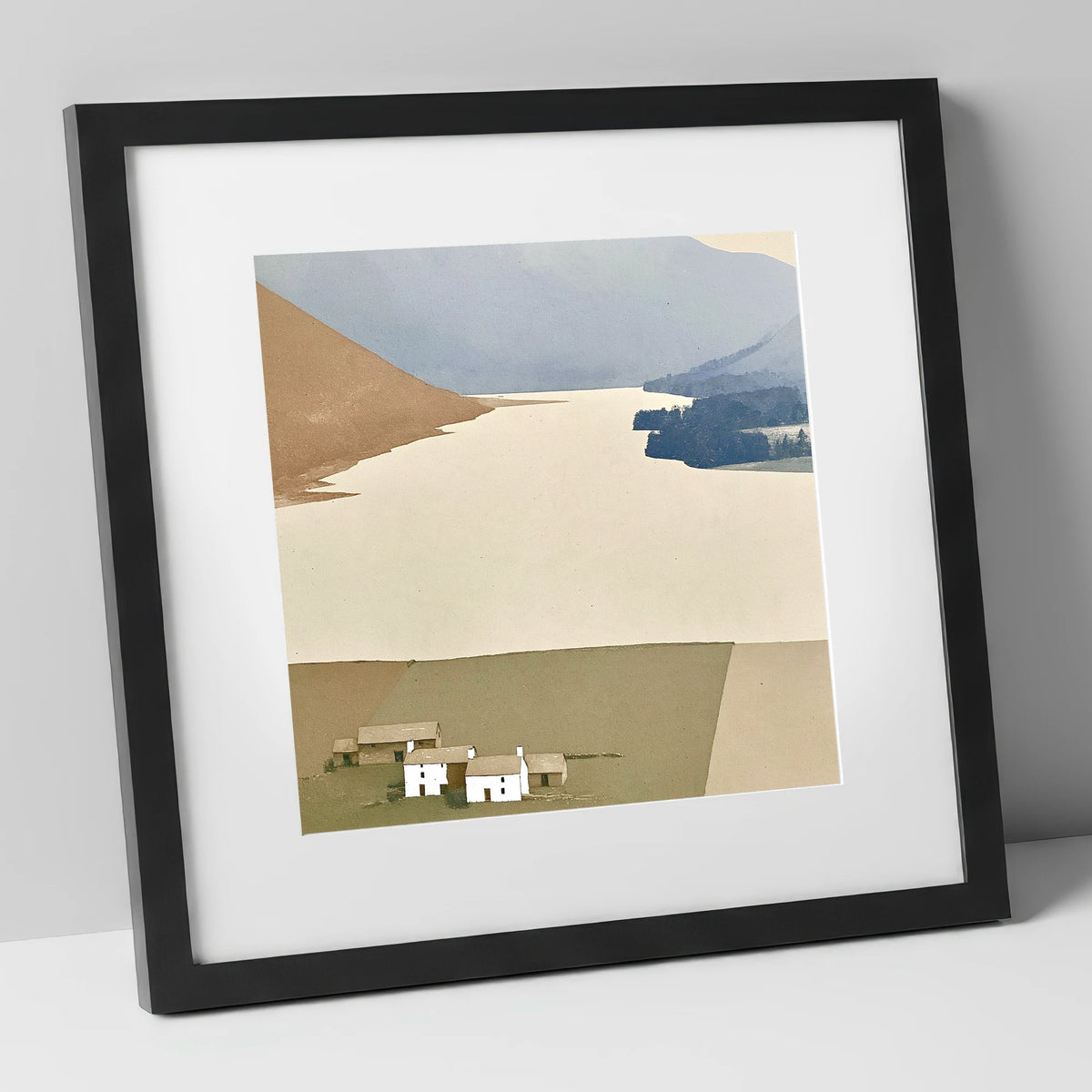 White Farmsteads Above Loweswater lake district lake art print in black frame