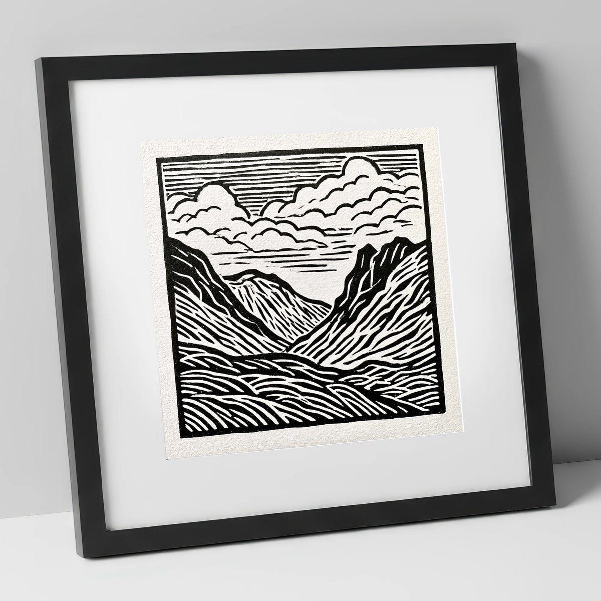 Monochrome Great Langdale Valley lake district valley art print in black frame
