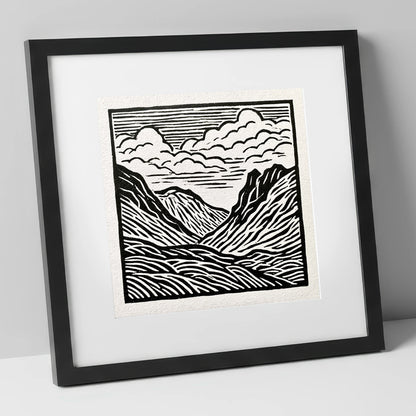 Monochrome Great Langdale Valley lake district valley art print in black frame