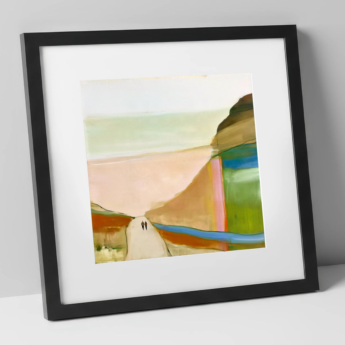 Walkers on a Bold Mountain Path lake district walking art print in black frame