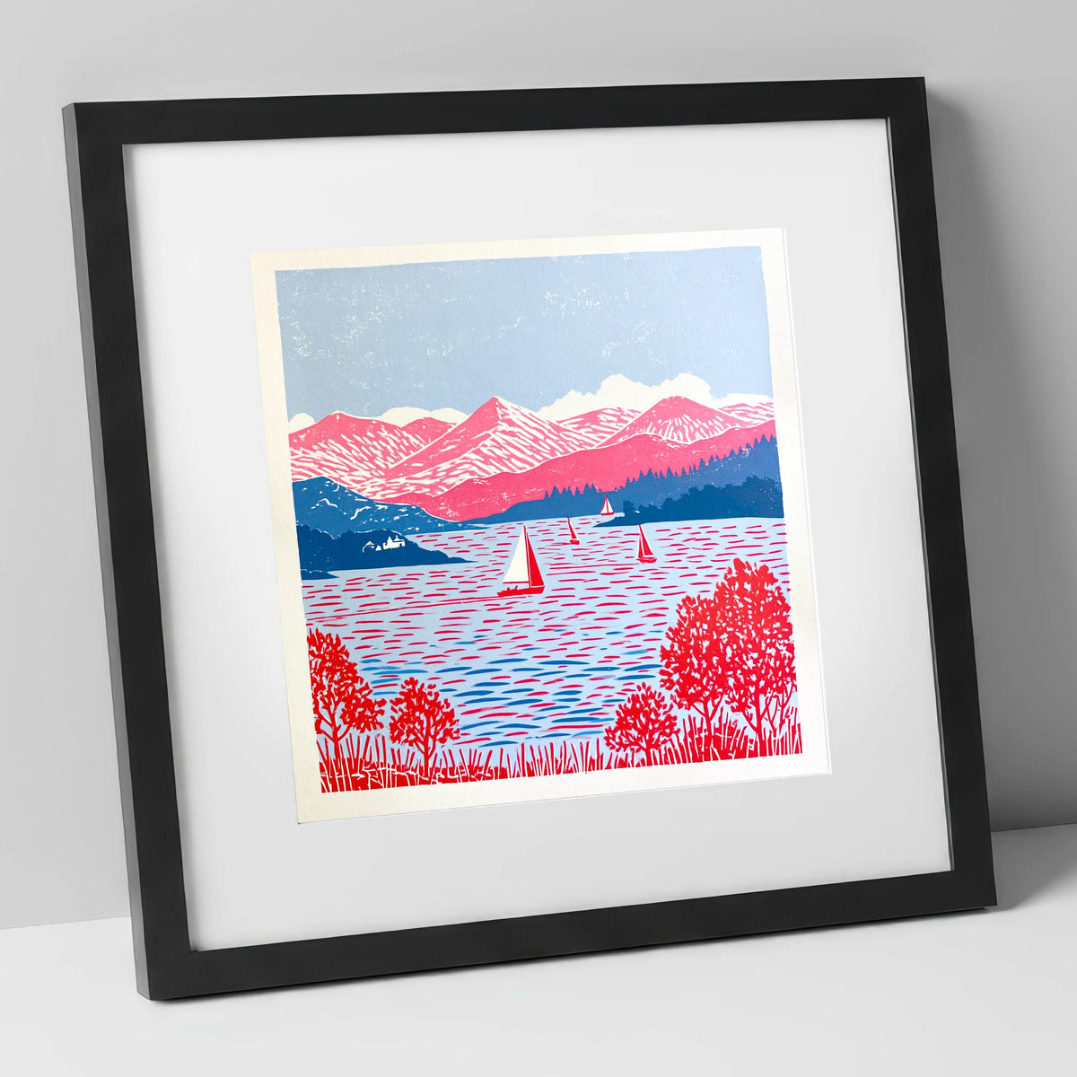 Pink Fells Over Coniston Water lake district lake art print in black frame