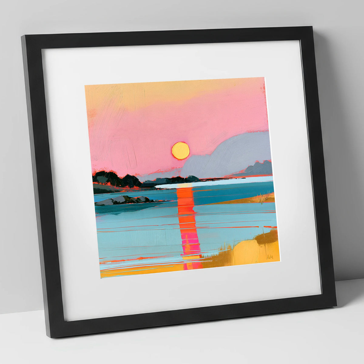 Vibrant Pink Sunset Over Water lake district lake art print in black frame