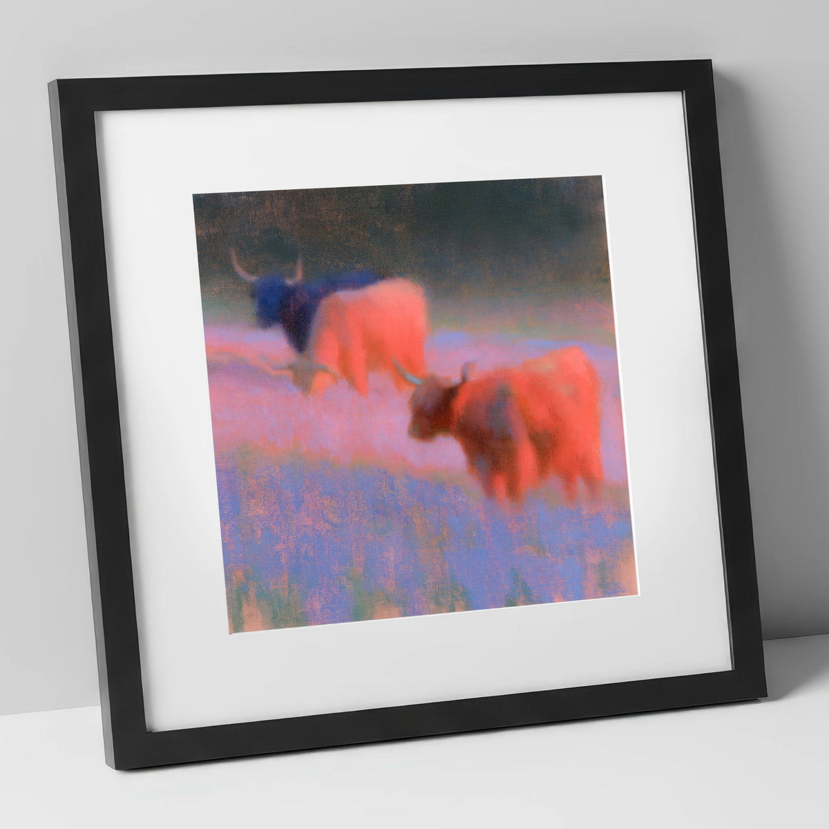Luminous Highland Cattle Grazing lake district wildlife art print in black frame