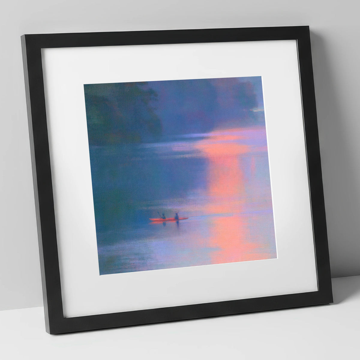 Lake Kayaking in Pink Evening Light lake district walking art print in black frame