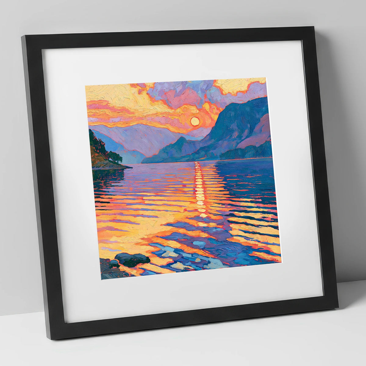 Golden Sunset Reflected on the Lake lake district lake art print in black frame