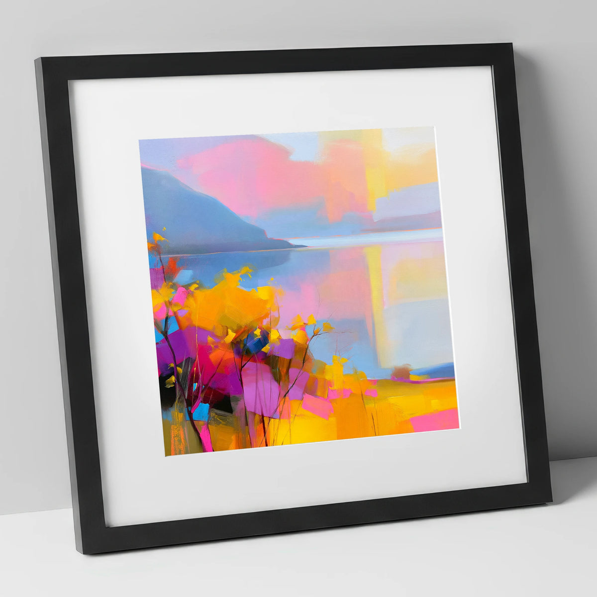 Vibrant Gorse Above the Lake lake district wildflower art print in black frame