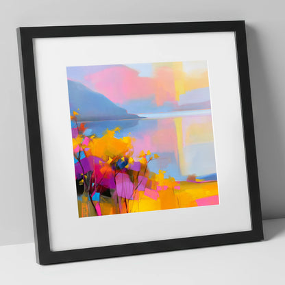 Vibrant Gorse Above the Lake lake district wildflower art print in black frame