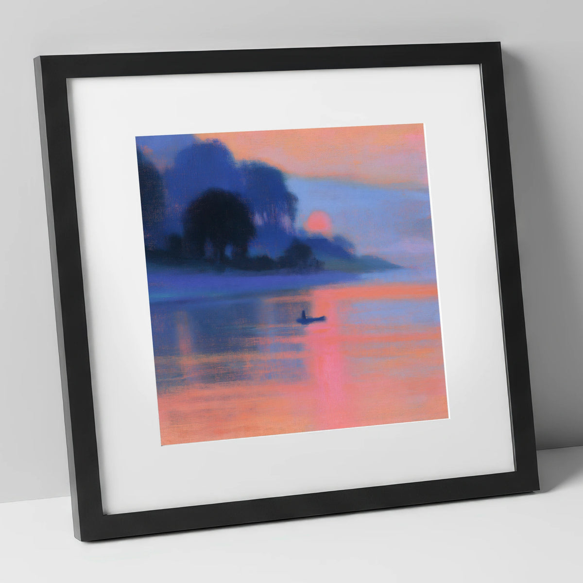 Indigo and Pink Lake Sunset lake district lake art print in black frame