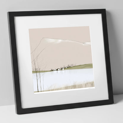 Minimalist Pooley Bridge and Lake lake district village art print in black frame