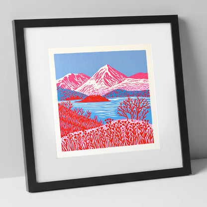 Vibrant Red Catbells Landscape lake district fell art print in black frame
